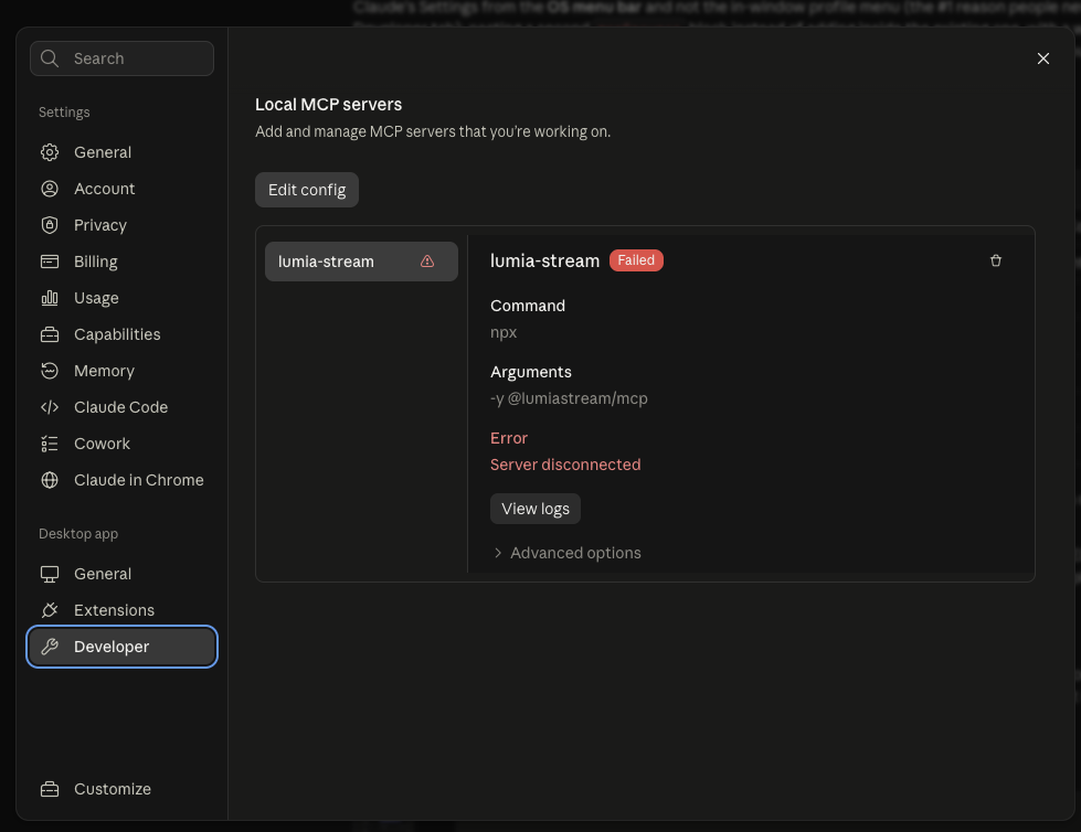 Claude Desktop Developer settings showing the Local MCP servers panel and the Edit config button