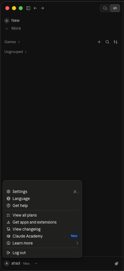 The Claude Desktop account menu open with the Settings option