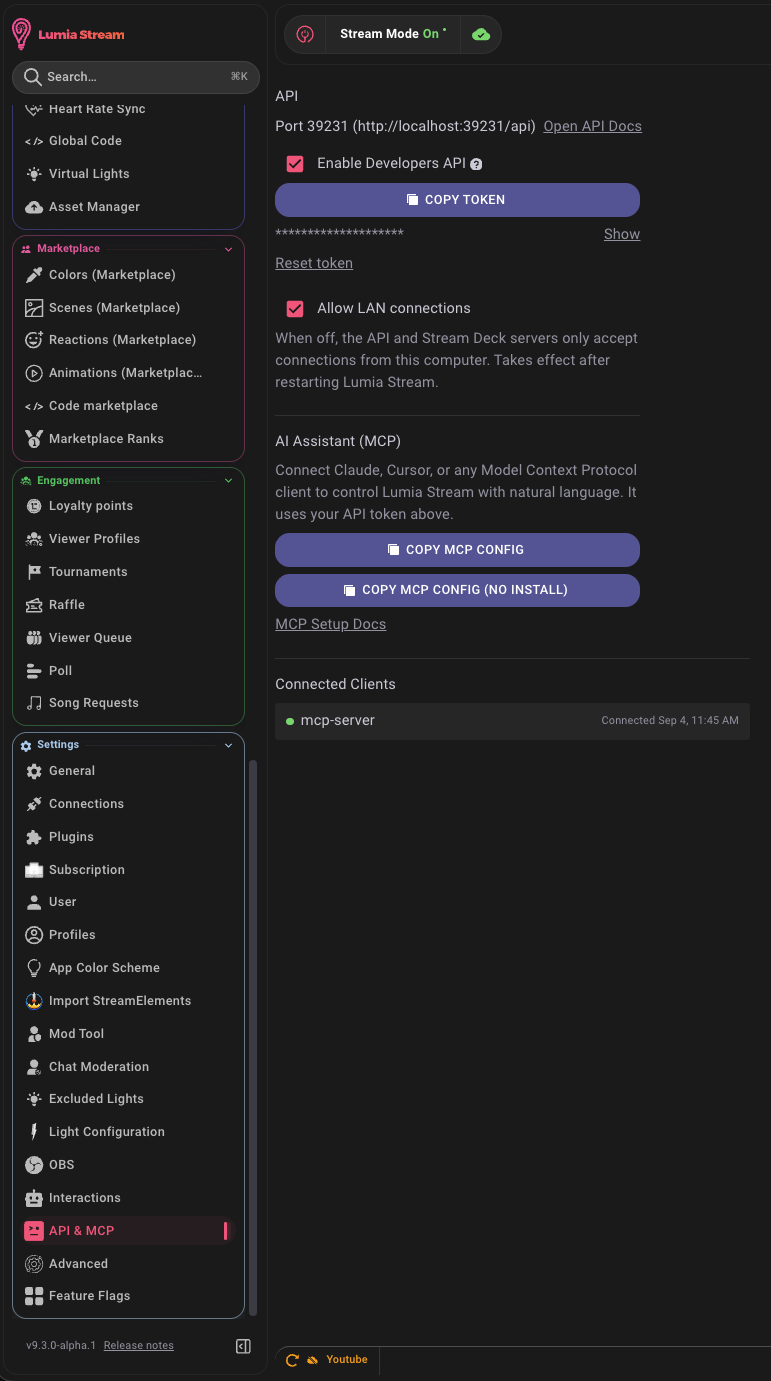 Lumia Stream Settings, API section, showing the Enable Developers API checkbox, the token field, and the two Copy MCP Config buttons